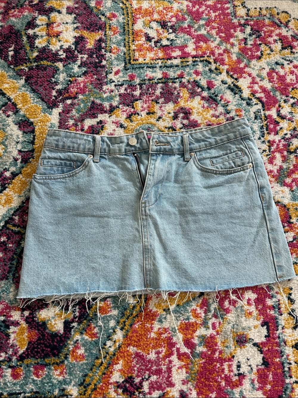 Edikted Light Blue Denim Mini Skirt with Frayed Hem